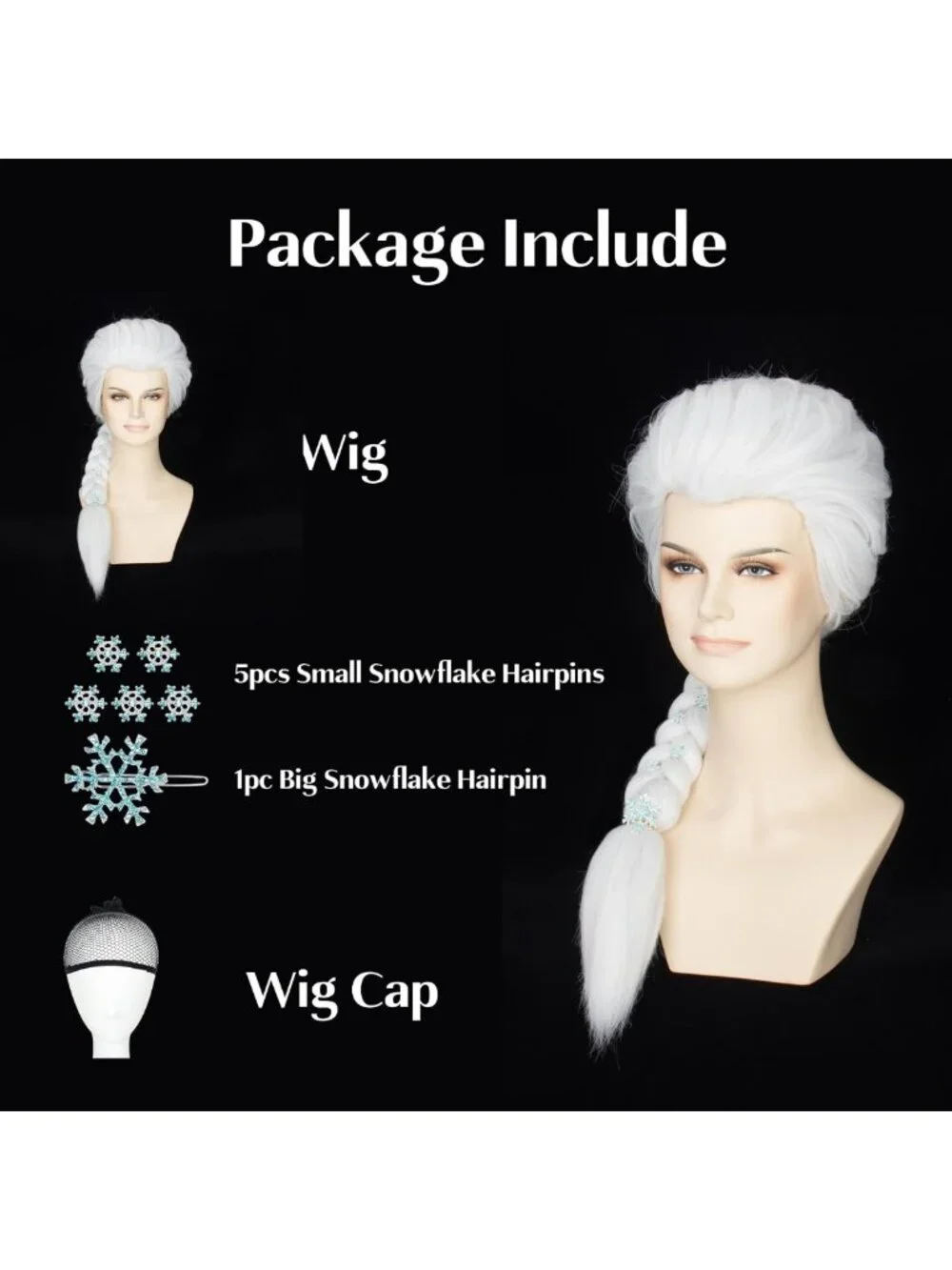 Long Straight White Braided Wig with Snowflake Hairpin - Princess Halloween